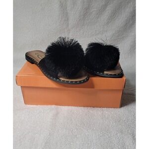 Atalina Womens Black Pom Pom Tassel Slide Sandals Studded Trim DFY0816C Size 6.5